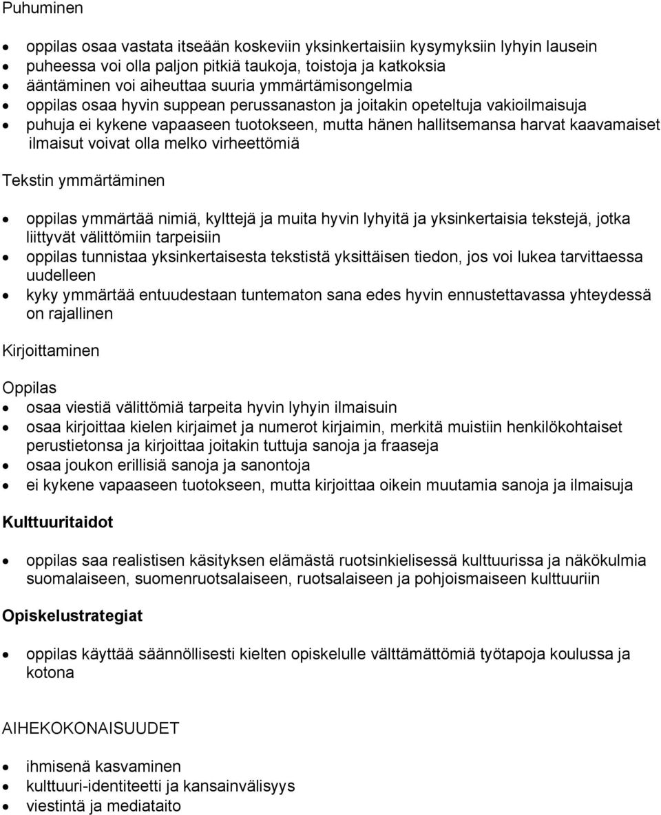 olla melko virheettömiä Tekstin ymmärtäminen oppilas ymmärtää nimiä, kylttejä ja muita hyvin lyhyitä ja yksinkertaisia tekstejä, jotka liittyvät välittömiin tarpeisiin oppilas tunnistaa