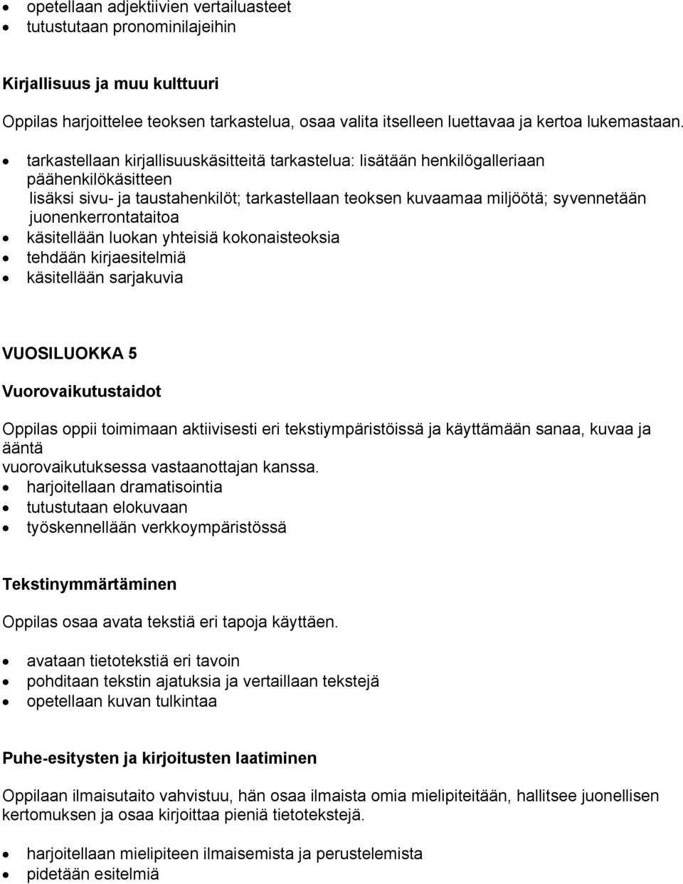 juonenkerrontataitoa käsitellään luokan yhteisiä kokonaisteoksia tehdään kirjaesitelmiä käsitellään sarjakuvia VUOSILUOKKA 5 Vuorovaikutustaidot oppii toimimaan aktiivisesti eri tekstiympäristöissä