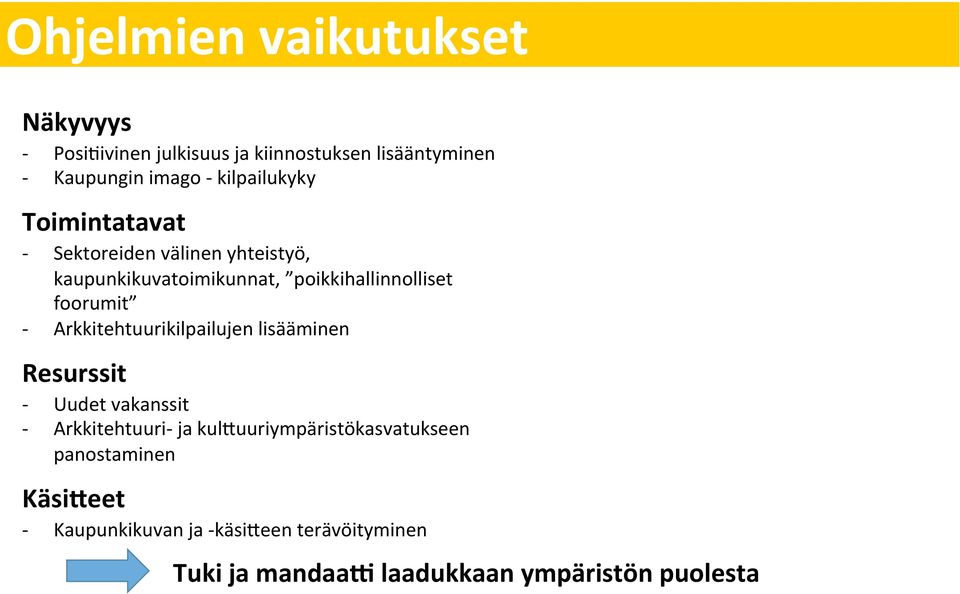 Arkkitehtuurikilpailujen lisääminen Resurssit - - Uudet vakanssit Arkkitehtuuri- ja kulsuuriympäristökasvatukseen panostaminen