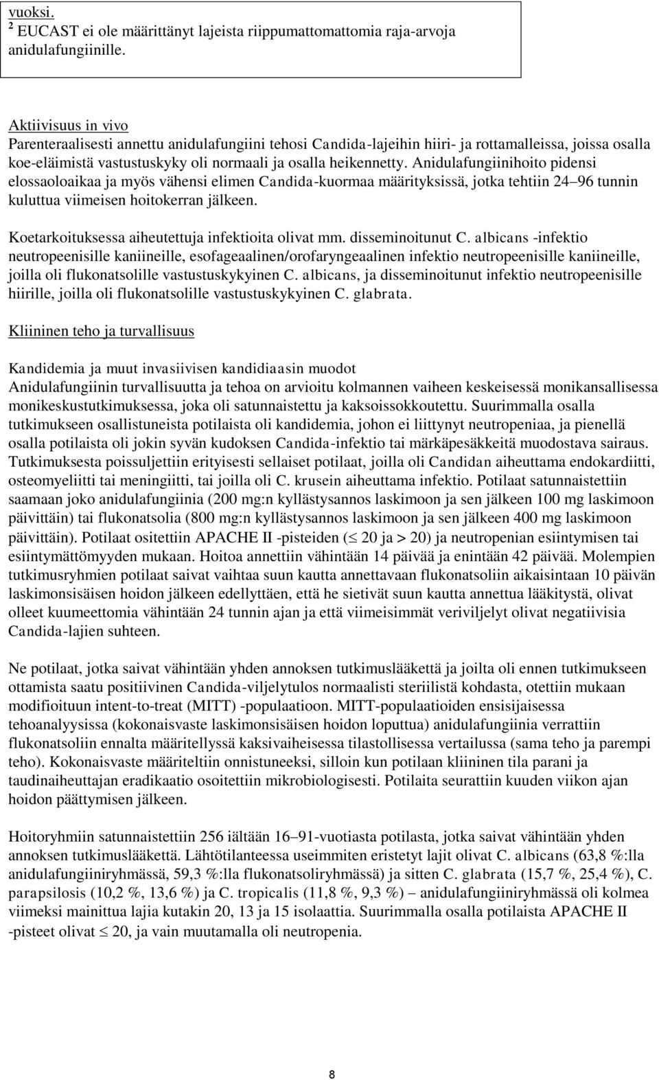 Anidulafungiinihoito pidensi elossaoloaikaa ja myös vähensi elimen Candida-kuormaa määrityksissä, jotka tehtiin 24 96 tunnin kuluttua viimeisen hoitokerran jälkeen.