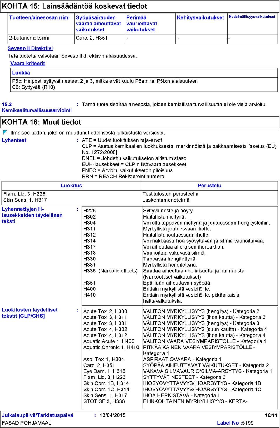 Vaara kriteerit Luokka P5c Helposti syttyvät nesteet 2 ja 3, mitkä eivät kuulu P5an tai P5bn alaisuuteen C6 Syttyvää (R10) Hedelmällisyysvaikutukset 15.