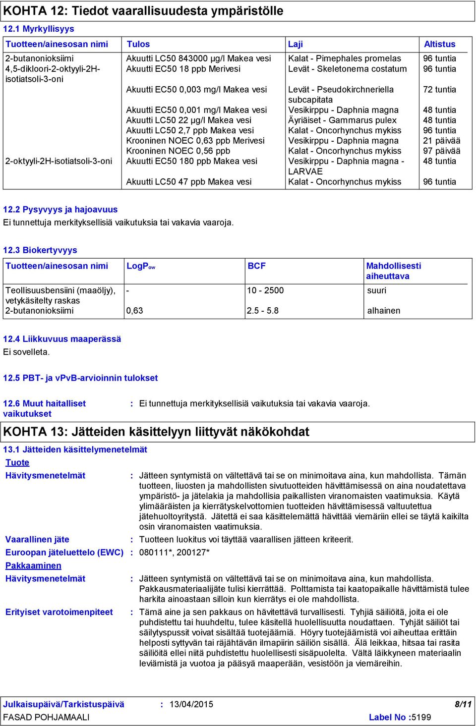 Skeletonema costatum 96 tuntia Akuutti EC50 0,003 mg/l Makea vesi Levät - Pseudokirchneriella 72 tuntia subcapitata Akuutti EC50 0,001 mg/l Makea vesi Vesikirppu - Daphnia magna 48 tuntia Akuutti