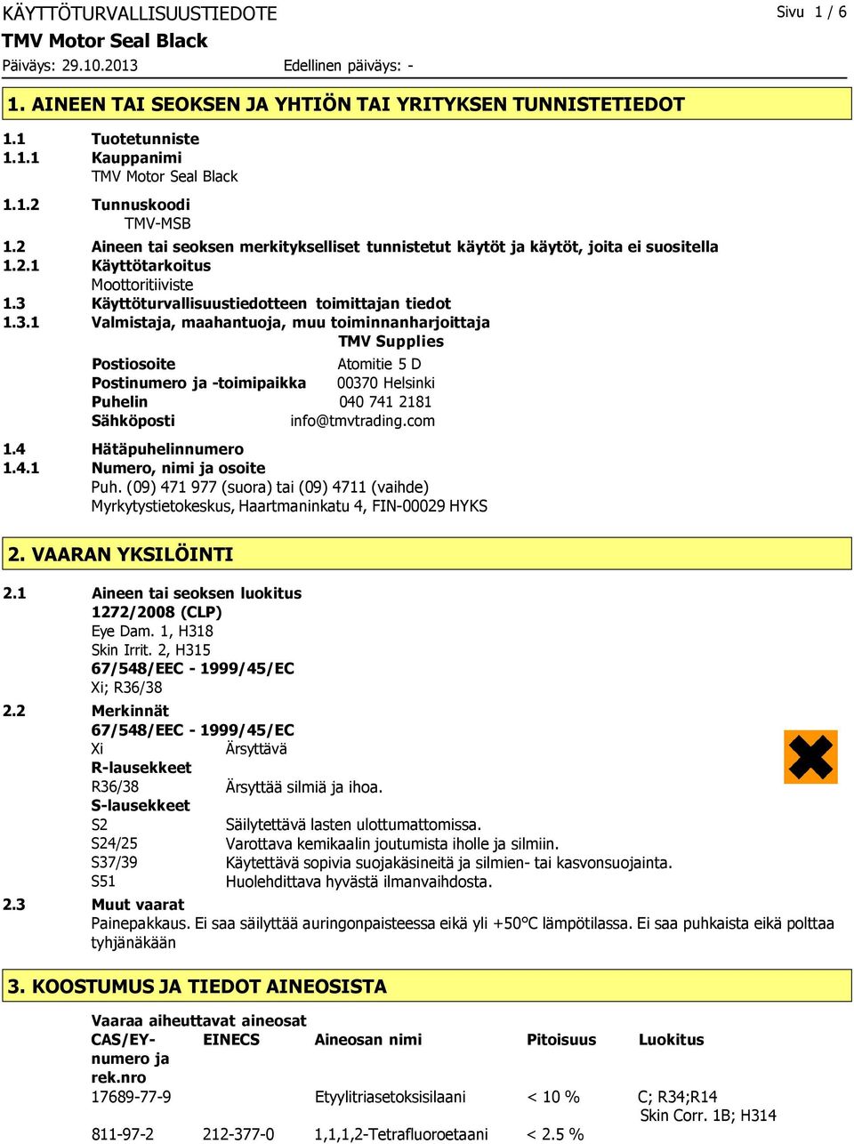 Käyttöturvallisuustiedotteen toimittajan tiedot 1.3.