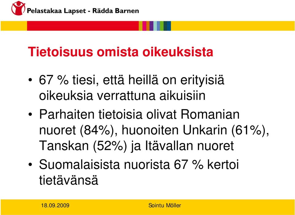 olivat Romanian nuoret (84%), huonoiten Unkarin (61%), Tanskan