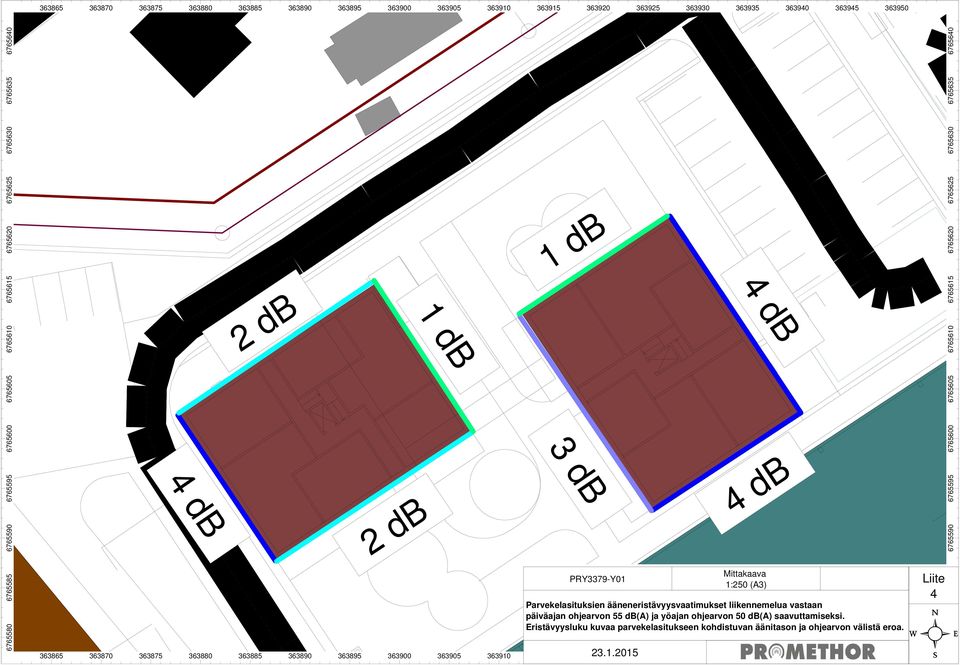 363910 363915 PRY3379-Y01 363925 363930 Mittakaava 1:250 (A3) Parvekelasituksien ääneneristävyysvaatimukset liikennemelua vastaan päiväajan ohjearvon 55 db(a) ja