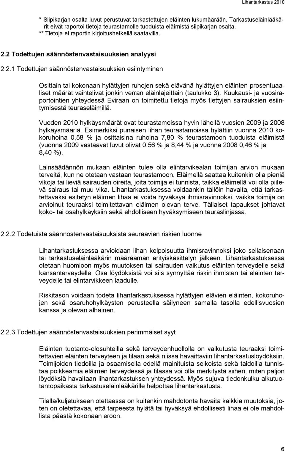 2 Todettujen säännöstenvastaisuuksien analyysi 2.2.1 Todettujen säännöstenvastaisuuksien esiintyminen Osittain tai kokonaan hylättyjen ruhojen sekä elävänä hylättyjen eläinten prosentuaaliset määrät