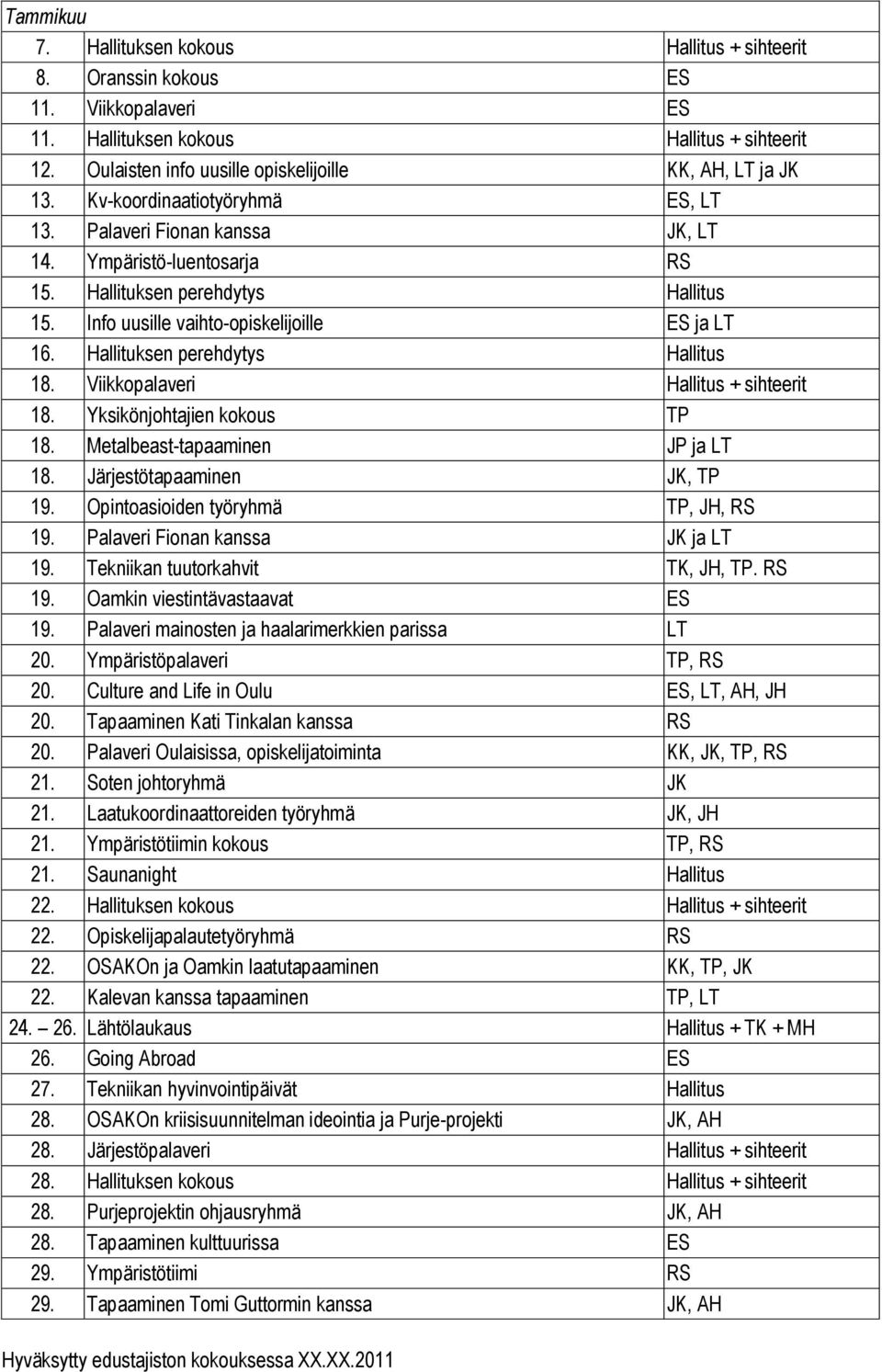 Info uusille vaihto-opiskelijoille ES ja LT 16. Hallituksen perehdytys Hallitus 18. Viikkopalaveri Hallitus + sihteerit 18. Yksikönjohtajien kokous TP 18. Metalbeast-tapaaminen JP ja LT 18.