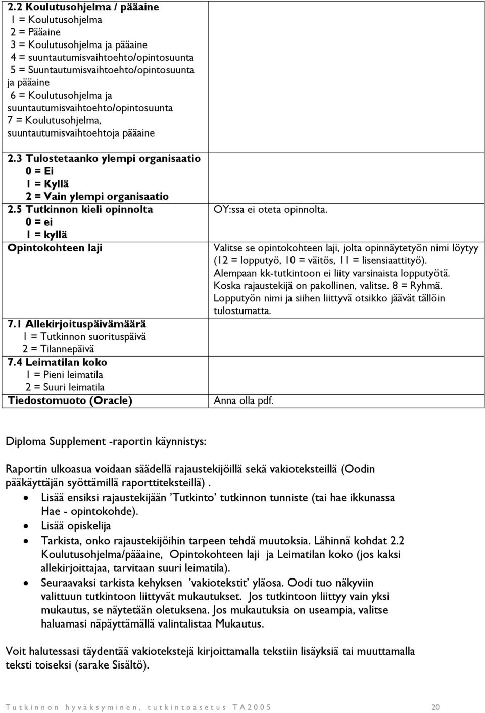 5 Tutkinnon kieli opinnolta 0 = ei 1 = kyllä Opintokohteen laji 7.1 Allekirjoituspäivämäärä 1 = Tutkinnon suorituspäivä 2 = Tilannepäivä 7.