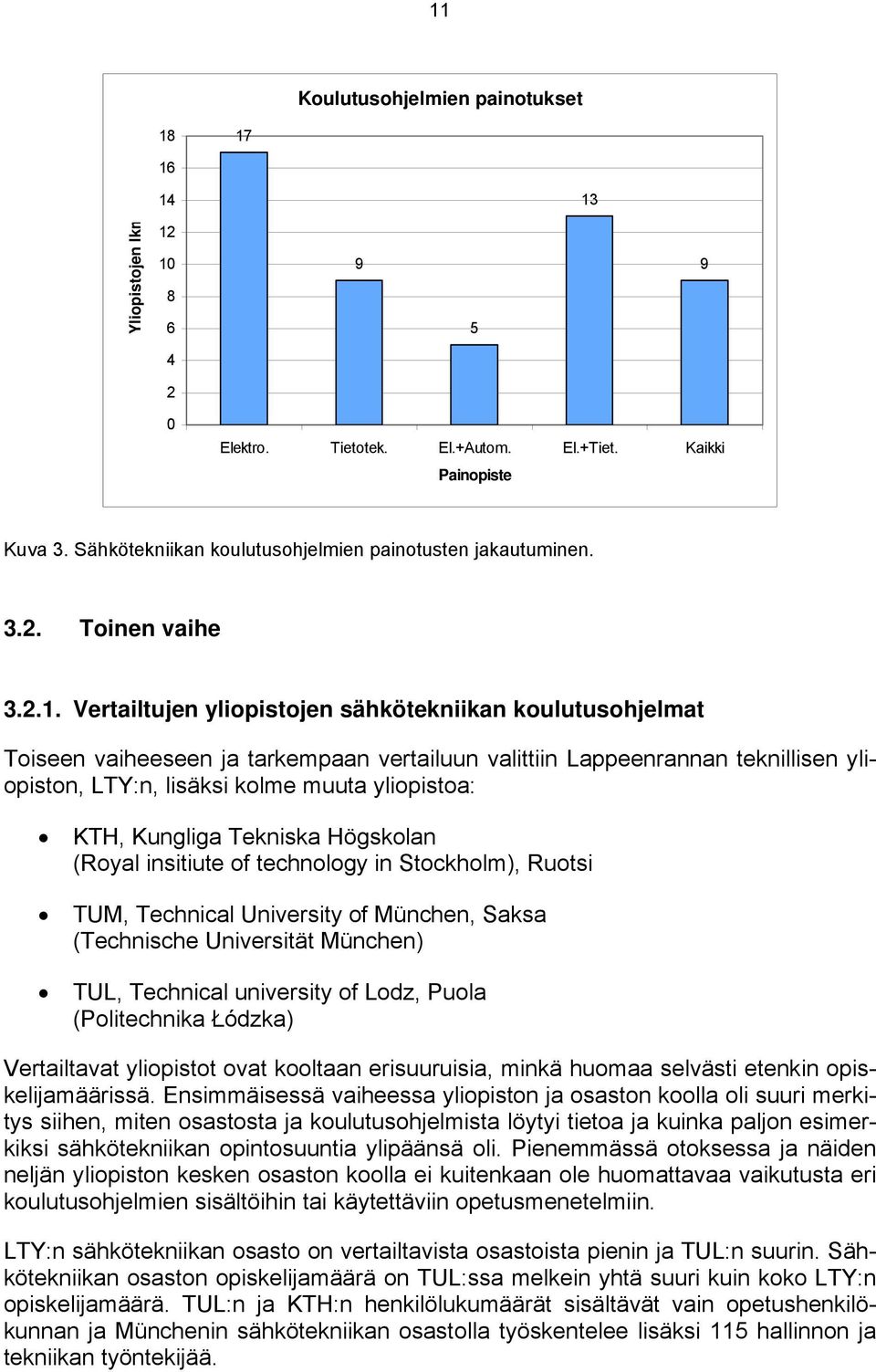 Vertailtujen yliopistojen sähkötekniikan koulutusohjelmat Toiseen vaiheeseen ja tarkempaan vertailuun valittiin Lappeenrannan teknillisen yliopiston, LTY:n, lisäksi kolme muuta yliopistoa: KTH,