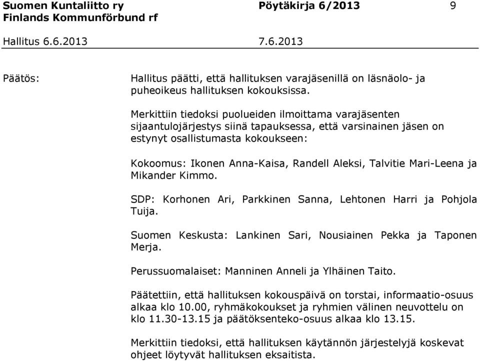 Talvitie Mari-Leena ja Mikander Kimmo. SDP: Korhonen Ari, Parkkinen Sanna, Lehtonen Harri ja Pohjola Tuija. Suomen Keskusta: Lankinen Sari, Nousiainen Pekka ja Taponen Merja.