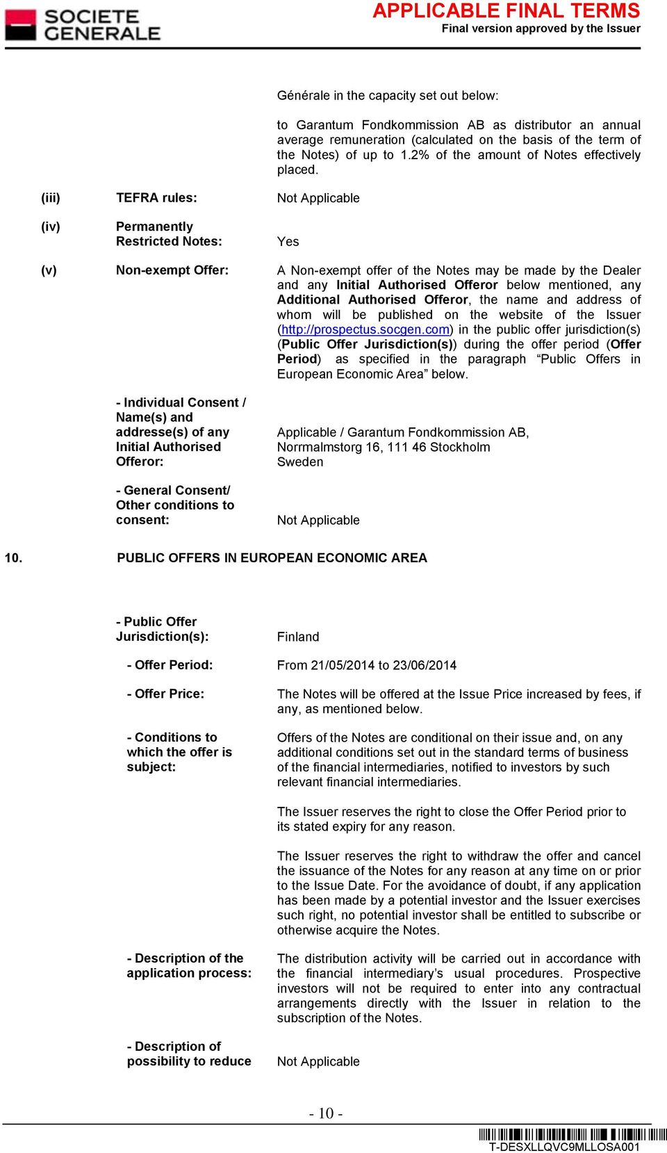 (iv) Permanently Restricted Notes: Yes (v) Non-exempt Offer: A Non-exempt offer of the Notes may be made by the Dealer and any Initial Authorised Offeror below mentioned, any Additional Authorised