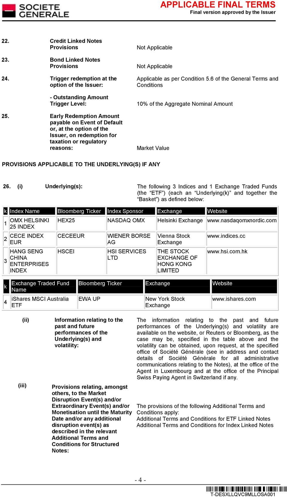 6 of the General Terms and Conditions 10% of the Aggregate Nominal Amount Market Value PROVISIONS APPLICABLE TO THE UNDERLYING(S) IF ANY 26.