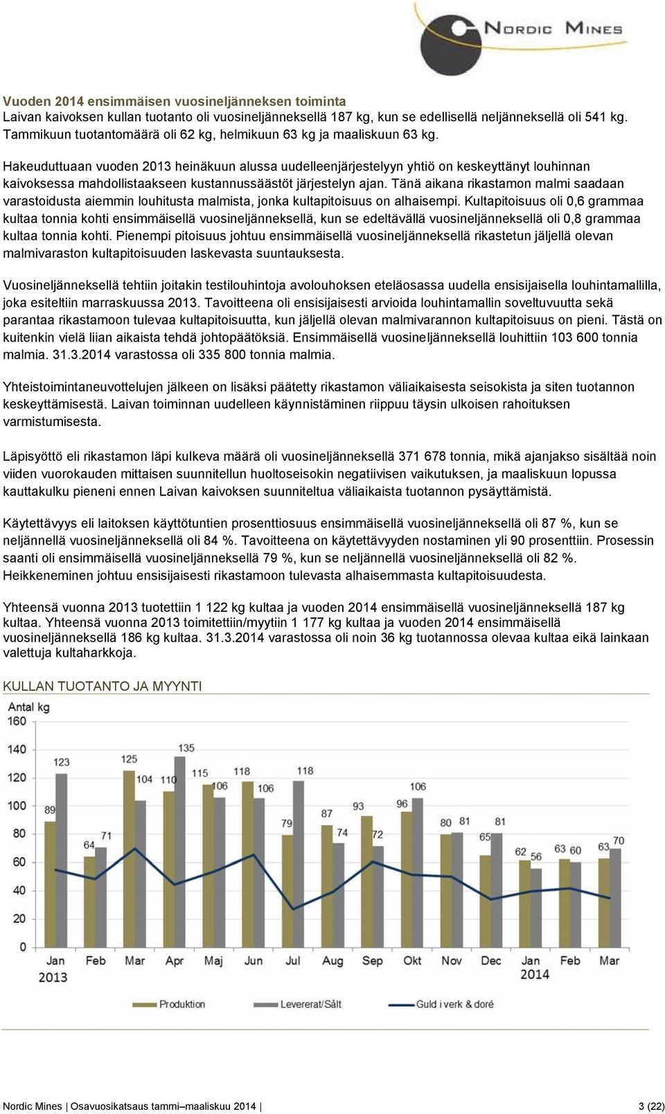 Hakeuduttuaan vuoden 203 heinäkuun alussa uudelleenjärjestelyyn yhtiö on keskeyttänyt louhinnan kaivoksessa mahdollistaakseen kustannussäästöt järjestelyn ajan.