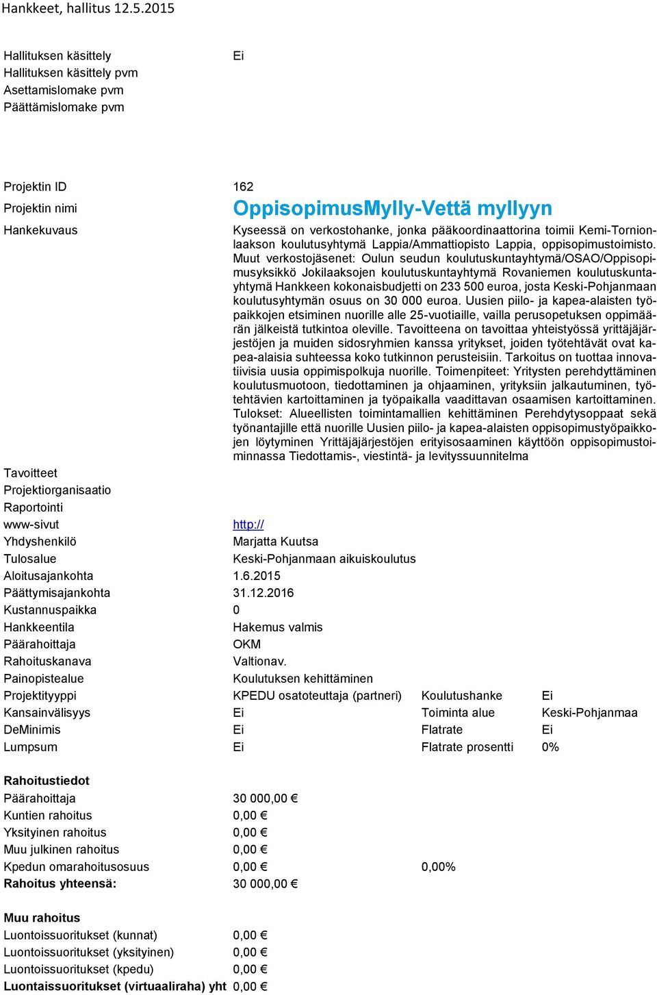 Keski-Pohjanmaan koulutusyhtymän osuus on 30 000 euroa.