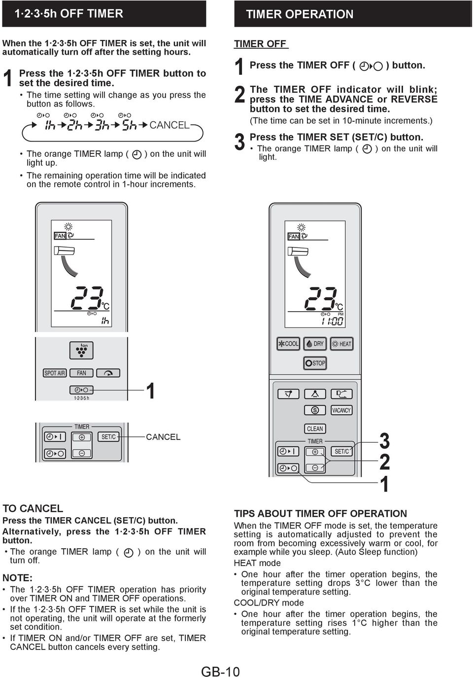 The remaining operation time will be indicated on the remote control in -hour increments. TIMER OFF Press the TIMER OFF ( ) button.