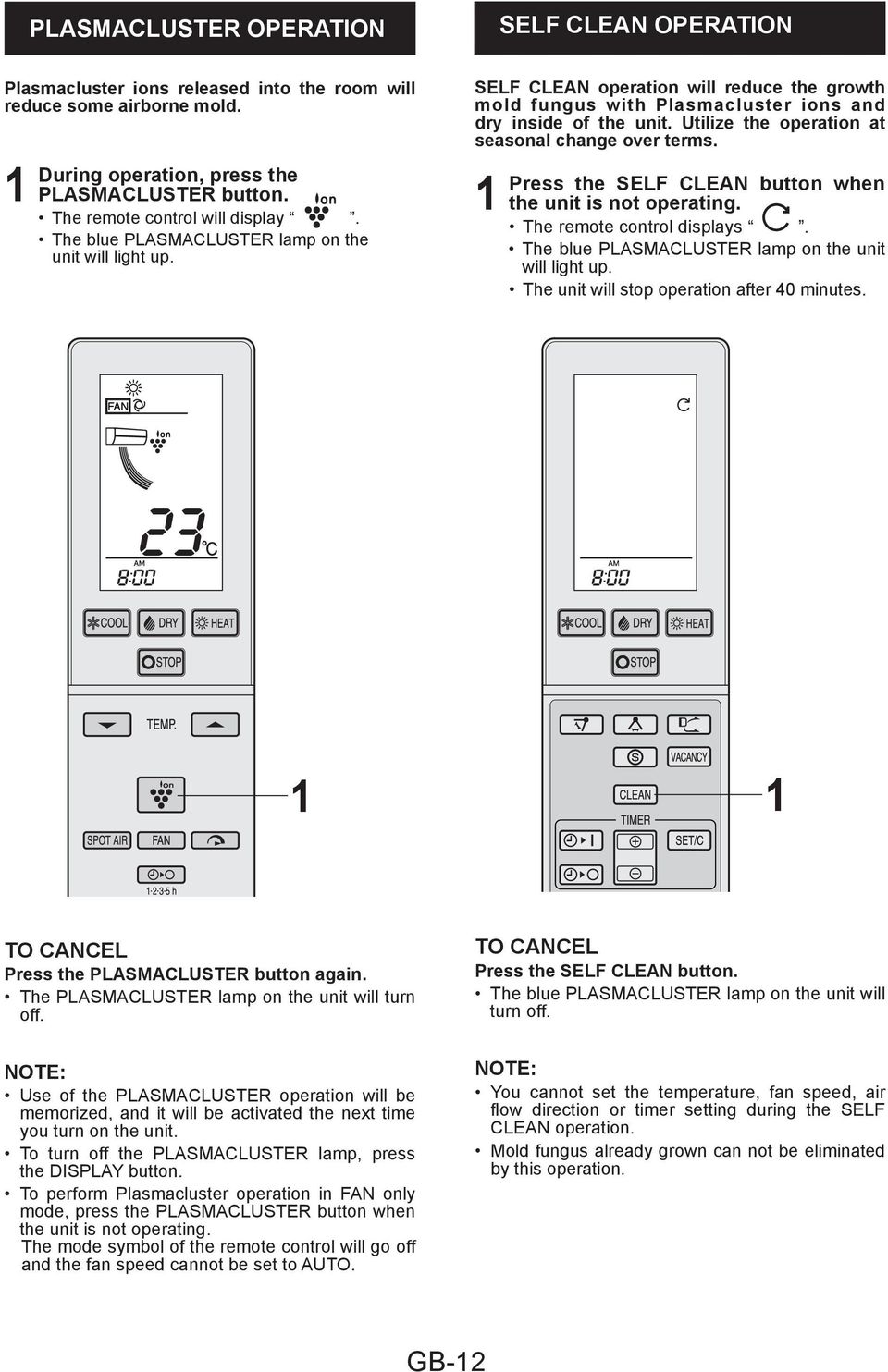 Utilize the operation at seasonal change over terms. Press the SELF CLEAN button when the unit is not operating. The remote control displays. The blue PLASMACLUSTER lamp on the unit will light up.