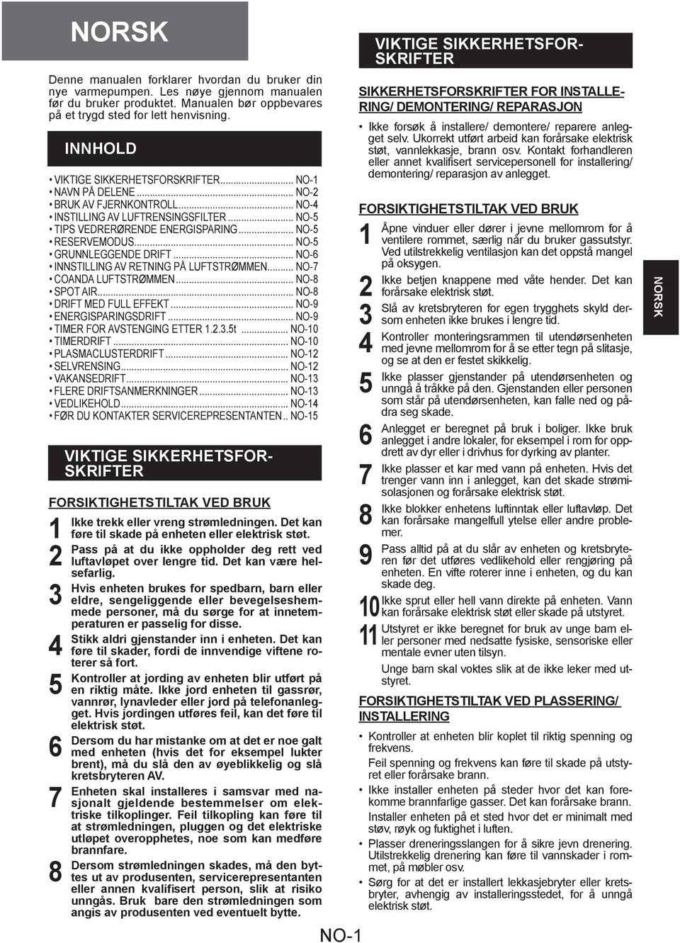 .. NO-4 INSTILLING AV LUFTRENSINGSFILTER... NO-5 TIPS VEDRERØRENDE ENERGISPARING... NO-5 RESERVEMODUS... NO-5 GRUNNLEGGENDE DRIFT... NO-6 INNSTILLING AV RETNING PÅ LUFTSTRØMMEN.