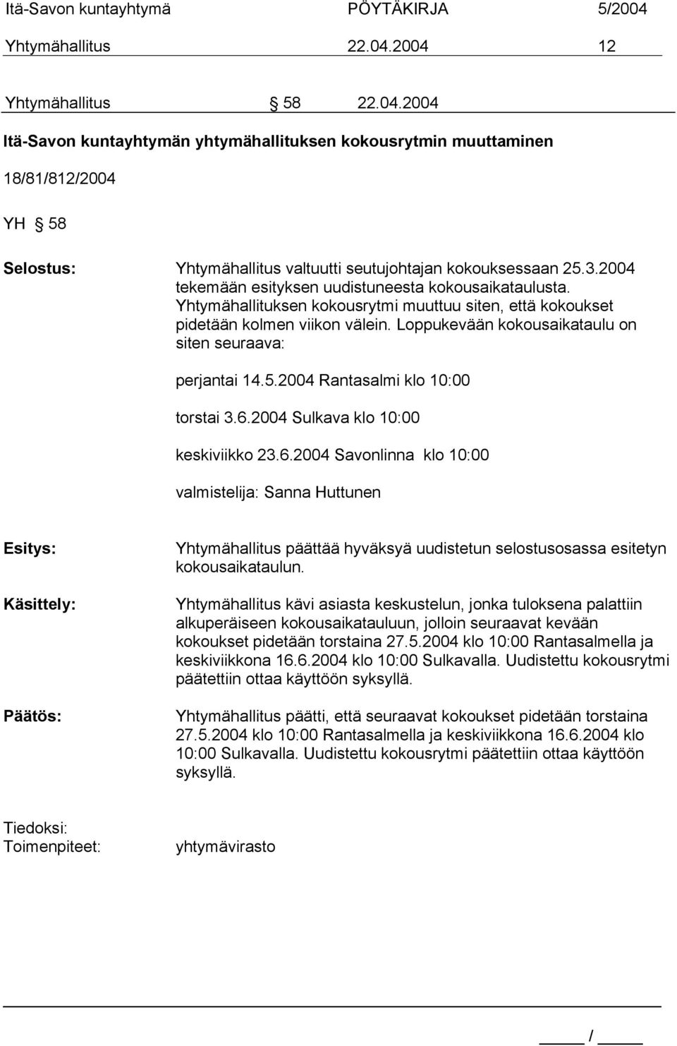 Loppukevään kokousaikataulu on siten seuraava: perjantai 14.5.2004 Rantasalmi klo 10:00 torstai 3.6.