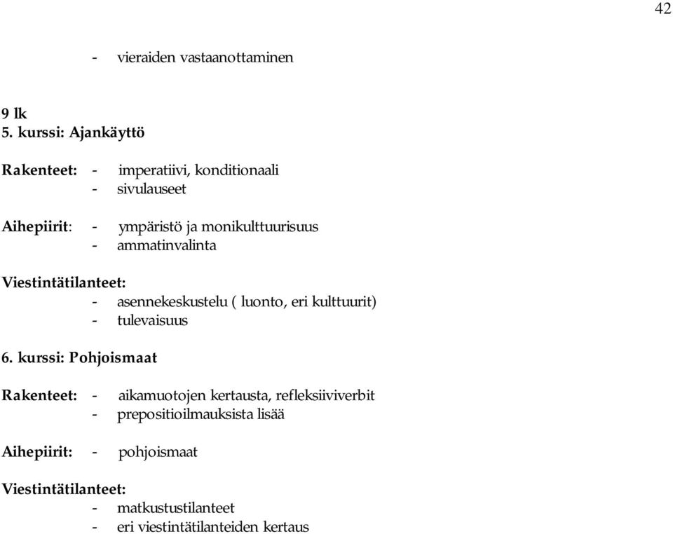 monikulttuurisuus - ammatinvalinta Viestintätilanteet: - asennekeskustelu ( luonto, eri kulttuurit) - tulevaisuus 6.