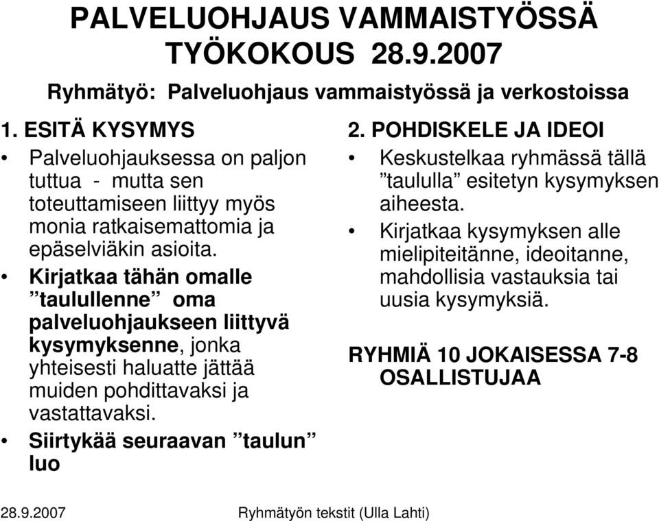 Kirjatkaa tähän omalle taulullenne oma palveluohjaukseen liittyvä kysymyksenne, jonka yhteisesti haluatte jättää muiden pohdittavaksi ja vastattavaksi.