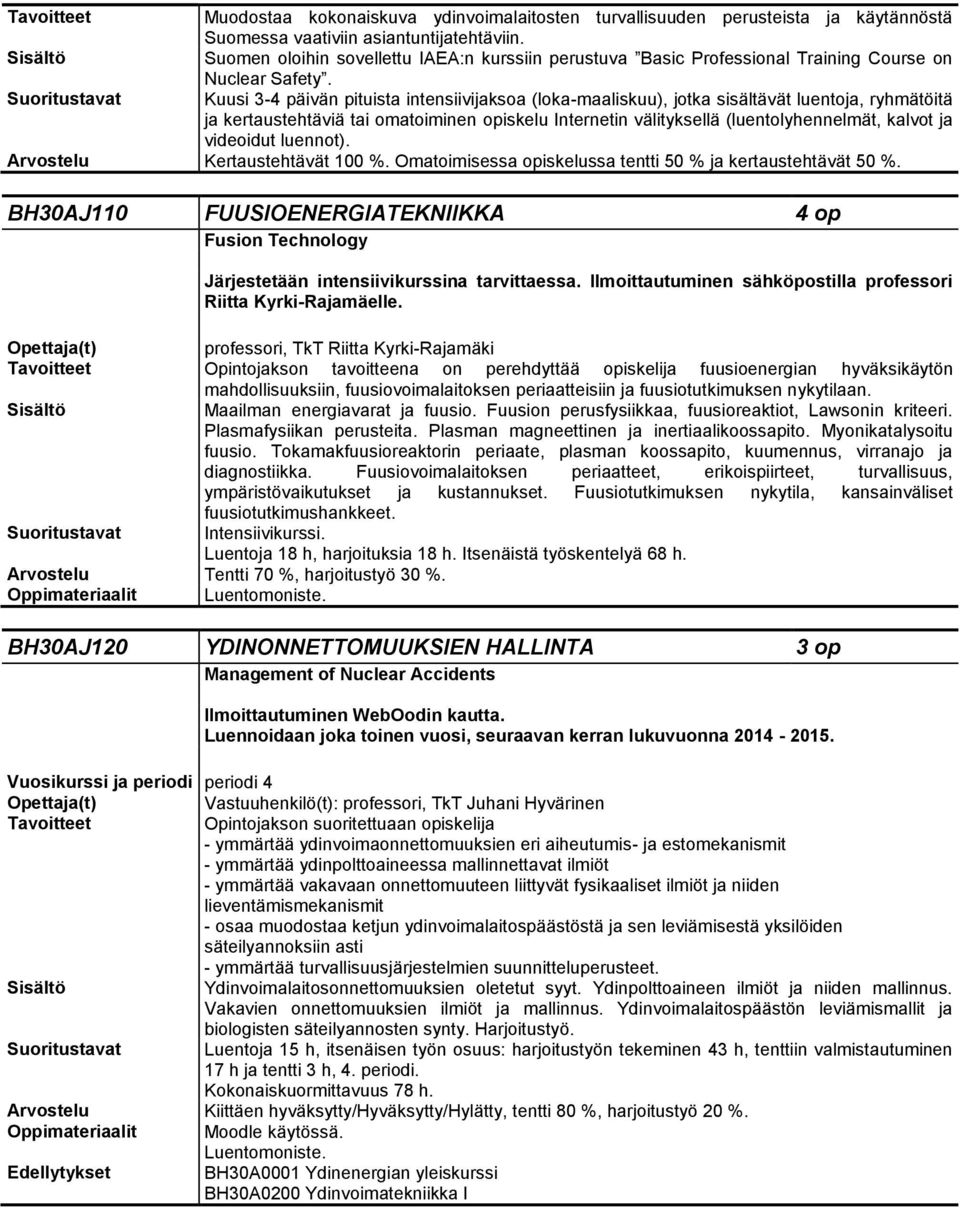 Suoritustavat Kuusi 3-4 päivän pituista intensiivijaksoa (loka-maaliskuu), jotka sisältävät luentoja, ryhmätöitä ja kertaustehtäviä tai omatoiminen opiskelu Internetin välityksellä
