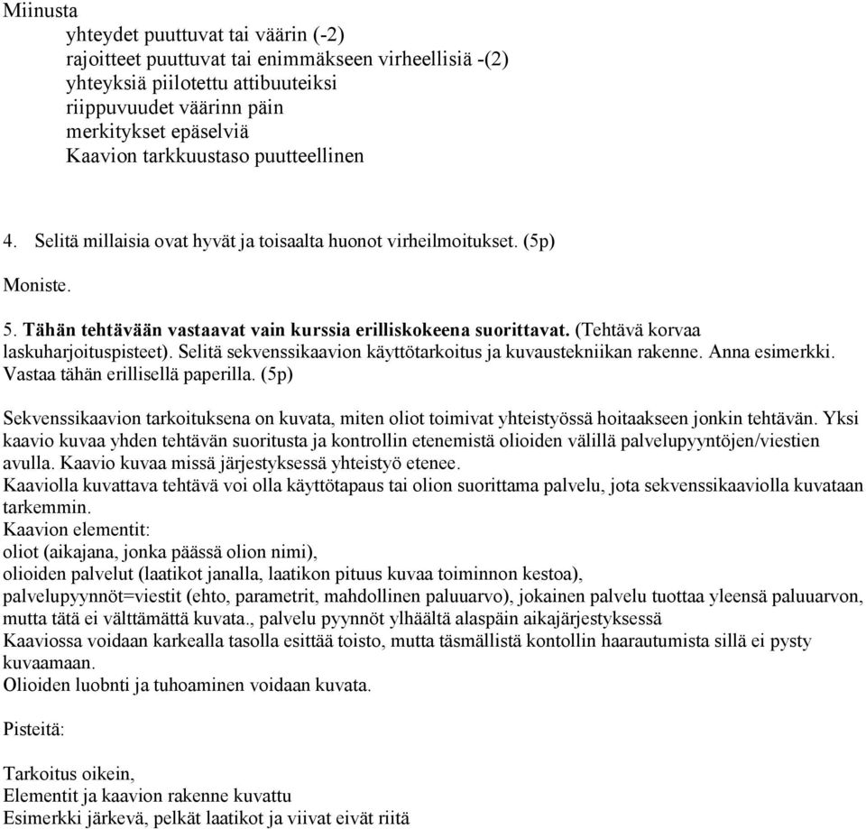 (Tehtävä korvaa laskuharjoituspisteet). Selitä sekvenssikaavion käyttötarkoitus ja kuvaustekniikan rakenne. Anna esimerkki. Vastaa tähän erillisellä paperilla.