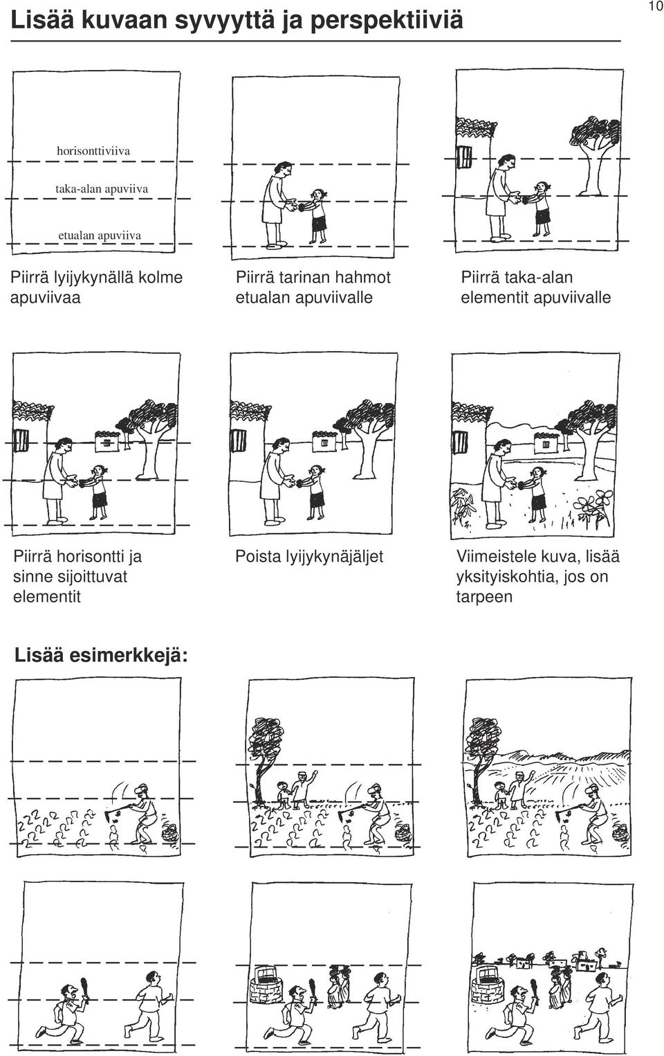 Piirrä taka-alan elementit apuviivalle Piirrä horisontti ja sinne sijoittuvat elementit