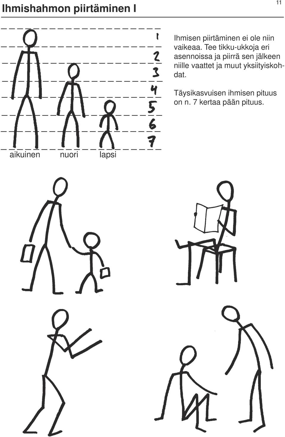 Tee tikku-ukkoja eri asennoissa ja piirrä sen jälkeen niille
