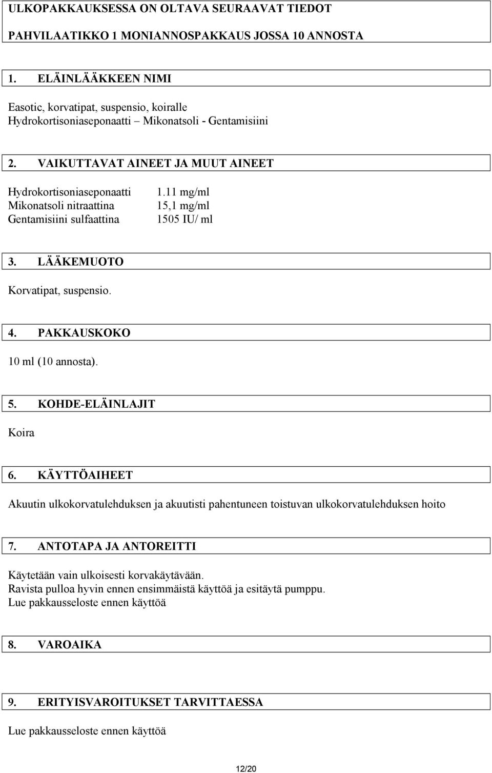 VAIKUTTAVAT AINEET JA MUUT AINEET Hydrokortisoniaseponaatti Mikonatsoli nitraattina Gentamisiini sulfaattina 1.11 mg/ml 15,1 mg/ml 1505 IU/ ml 3. LÄÄKEMUOTO Korvatipat, suspensio. 4.