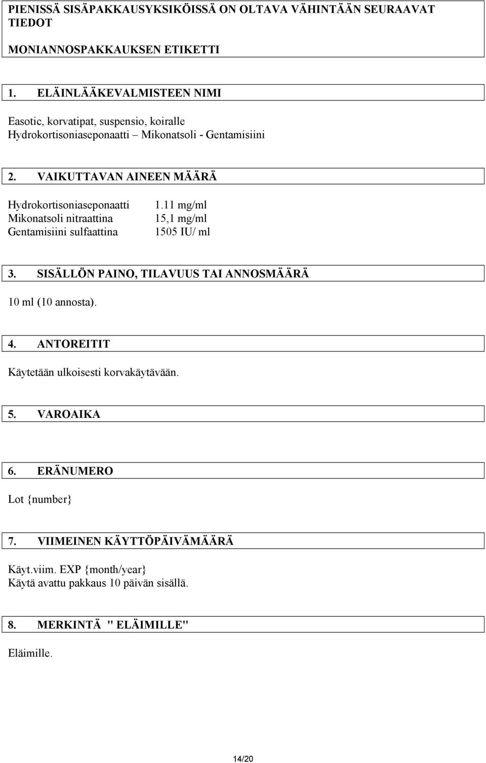 VAIKUTTAVAN AINEEN MÄÄRÄ Hydrokortisoniaseponaatti Mikonatsoli nitraattina Gentamisiini sulfaattina 1.11 mg/ml 15,1 mg/ml 1505 IU/ ml 3.