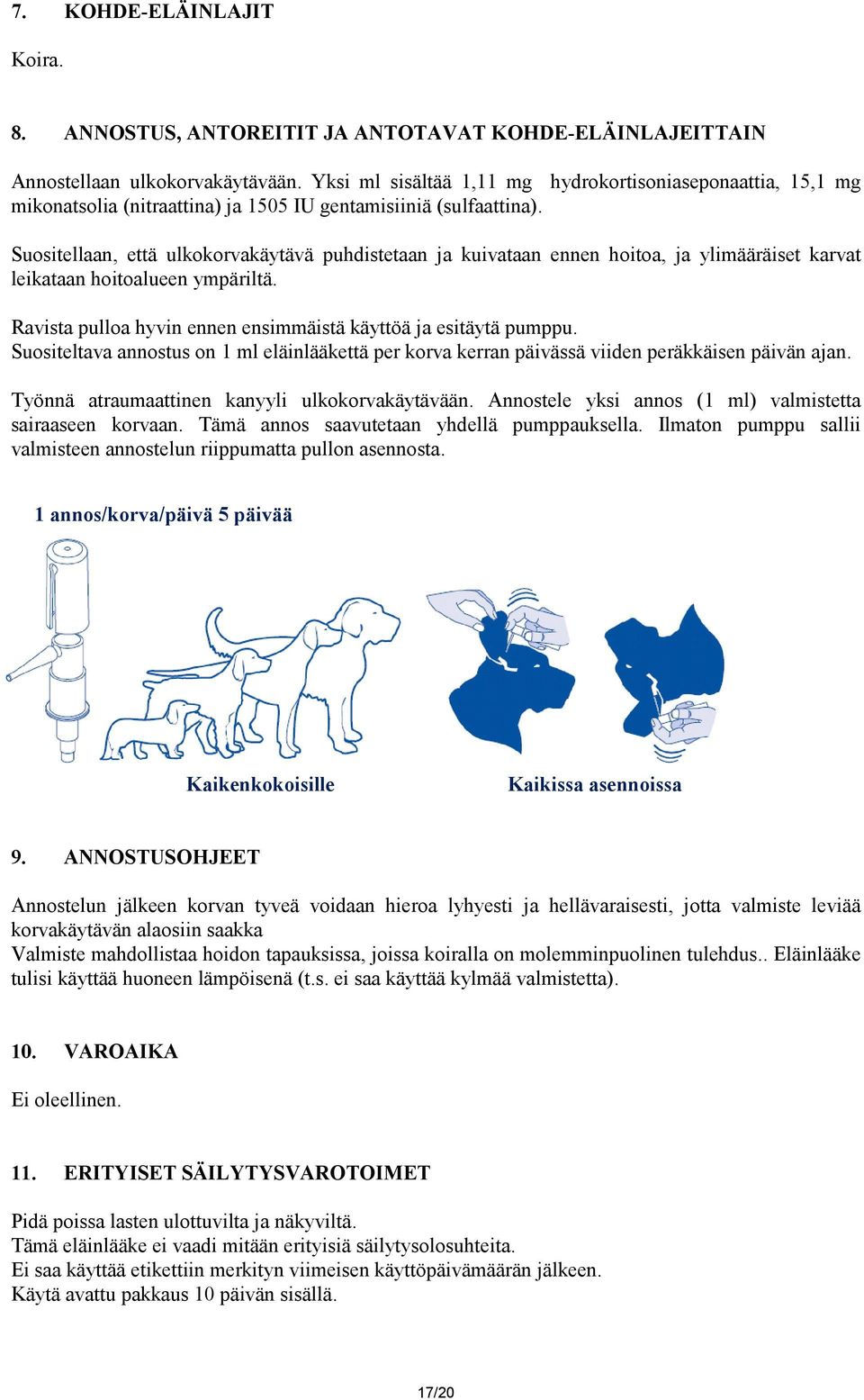 Suositellaan, että ulkokorvakäytävä puhdistetaan ja kuivataan ennen hoitoa, ja ylimääräiset karvat leikataan hoitoalueen ympäriltä. Ravista pulloa hyvin ennen ensimmäistä käyttöä ja esitäytä pumppu.