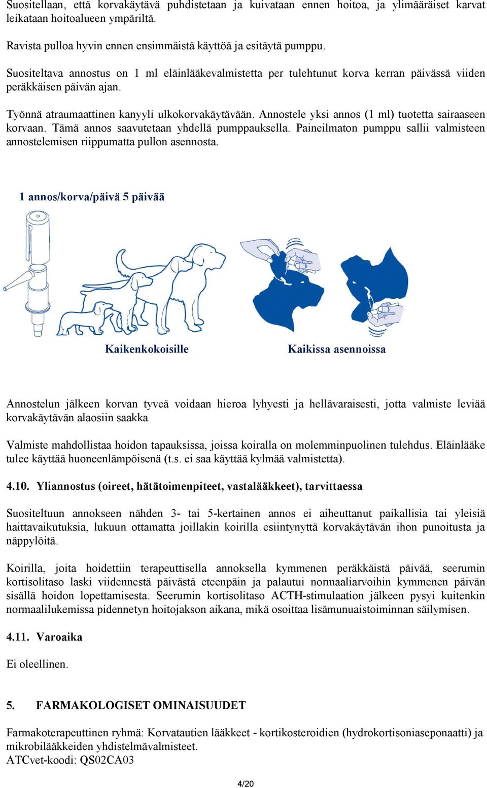 Annostele yksi annos (1 ml) tuotetta sairaaseen korvaan. Tämä annos saavutetaan yhdellä pumppauksella. Paineilmaton pumppu sallii valmisteen annostelemisen riippumatta pullon asennosta.