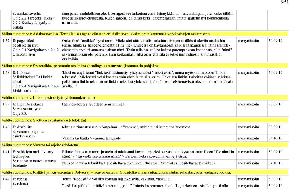 Termillä user agent viitataan erilaisiin sovelluksiin, joita käytettään verkkosivujen avaamiseen. 1.37 E: page titled S: otsikoitu sivu Ohje 2.4 Navigoitava > 2.4.2 Otsikoitu sivu Onko tässä "otsikko" hyvä termi.