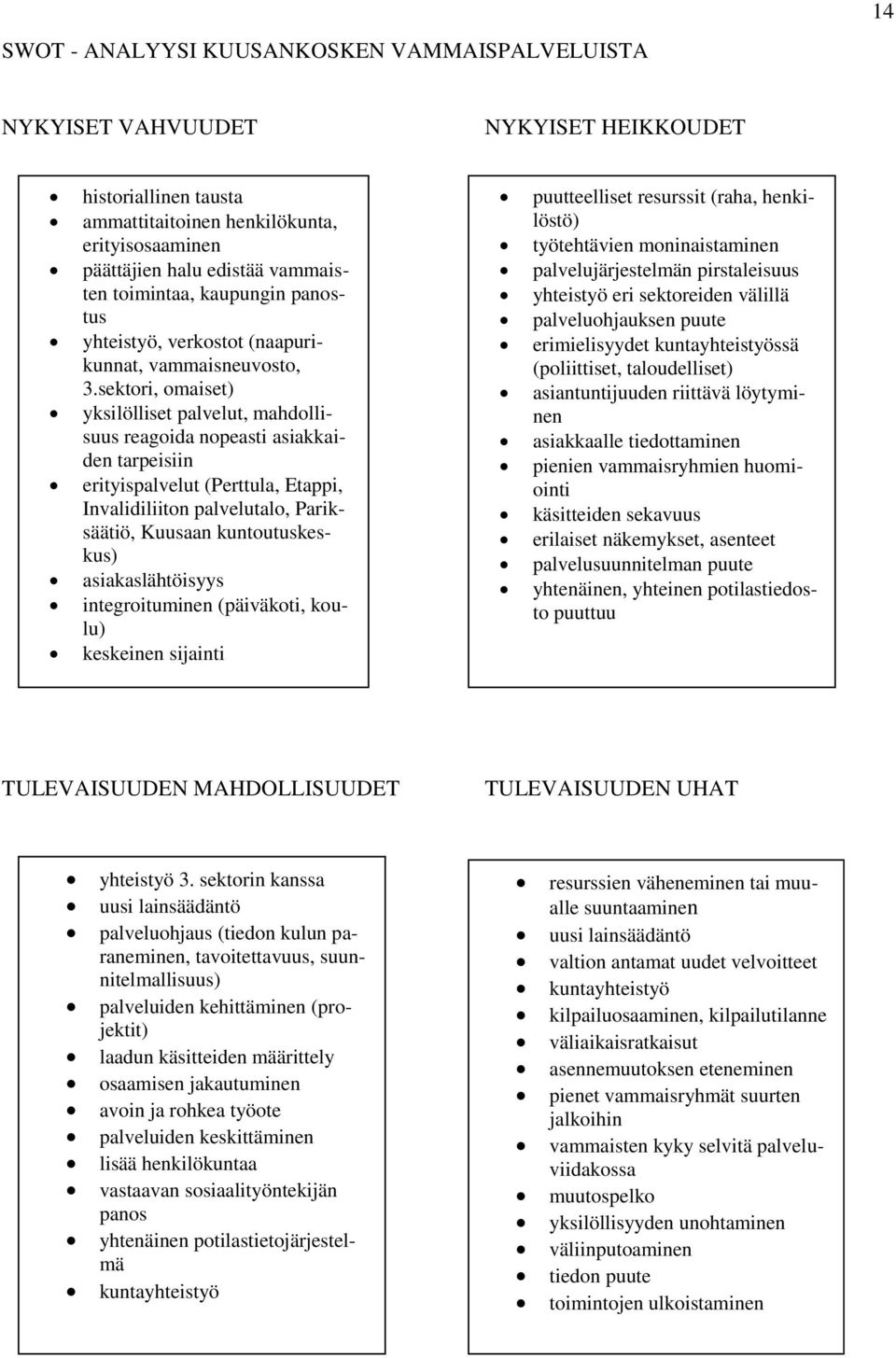 sektori, omaiset) yksilölliset palvelut, mahdollisuus reagoida nopeasti asiakkaiden tarpeisiin erityispalvelut (Perttula, Etappi, Invalidiliiton palvelutalo, Pariksäätiö, Kuusaan kuntoutuskeskus)