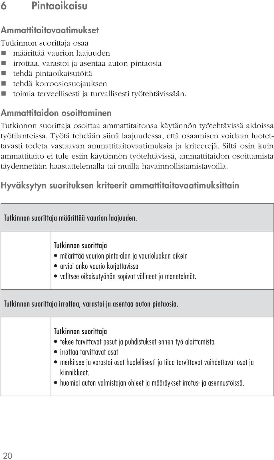 Työtä tehdään siinä laajuudessa, että osaamisen voidaan luotettavasti todeta vastaavan ammattitaitovaatimuksia ja kriteerejä.