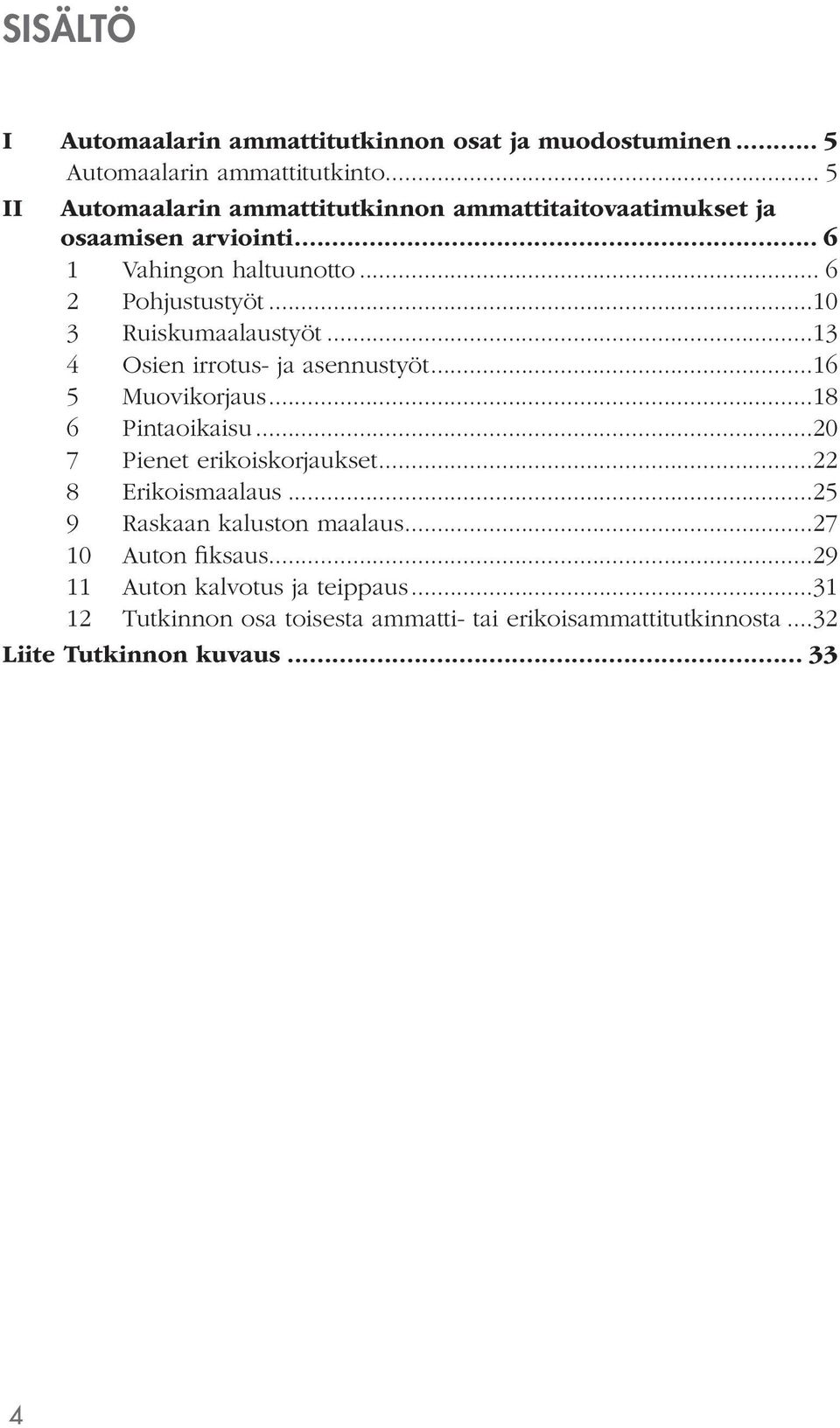 ..10 3 Ruiskumaalaustyöt...13 4 Osien irrotus- ja asennustyöt...16 5 Muovikorjaus...18 6 Pintaoikaisu...20 7 Pienet erikoiskorjaukset.