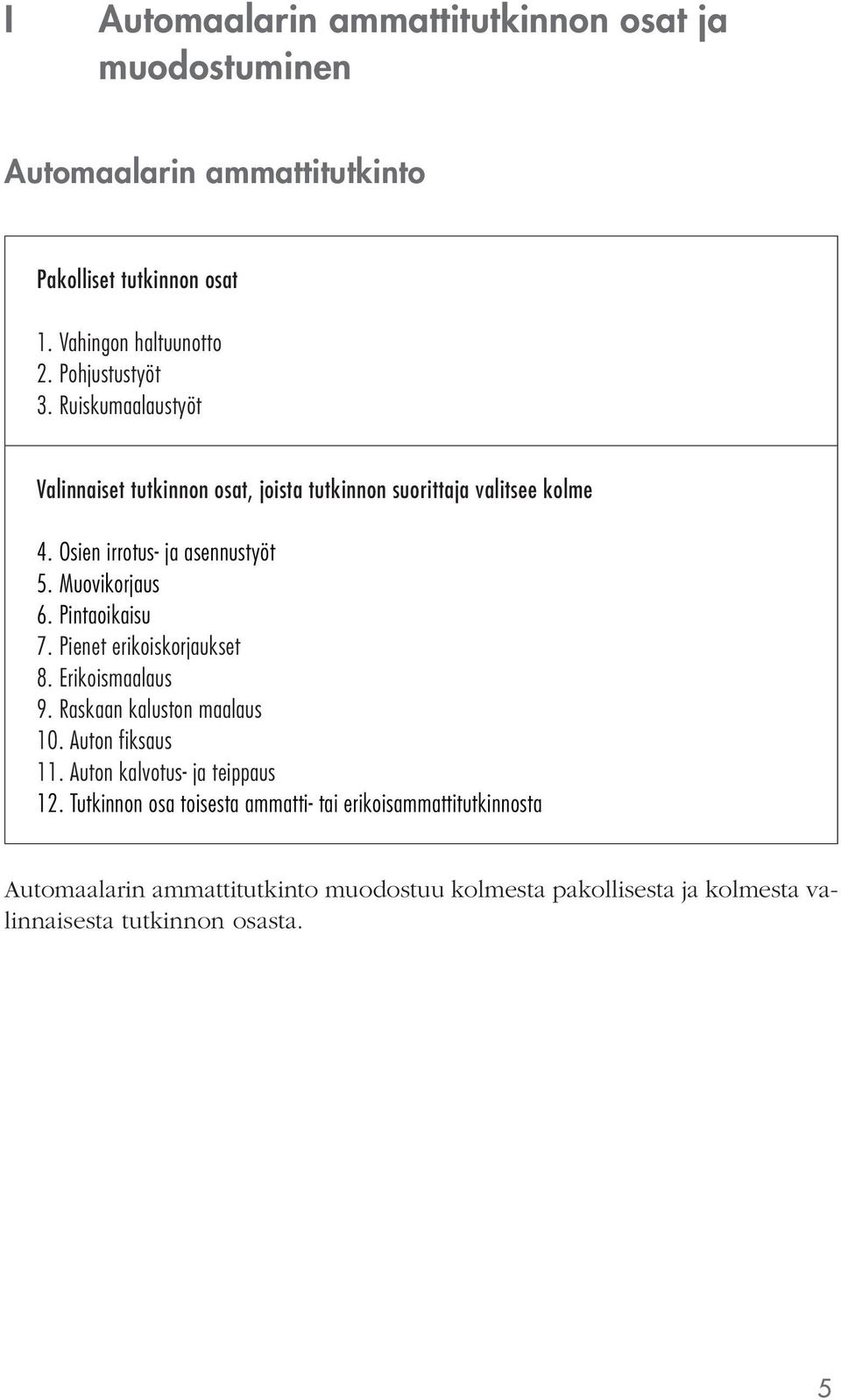 Muovikorjaus 6. Pintaoikaisu 7. Pienet erikoiskorjaukset 8. Erikoismaalaus 9. Raskaan kaluston maalaus 10. Auton fiksaus 11.