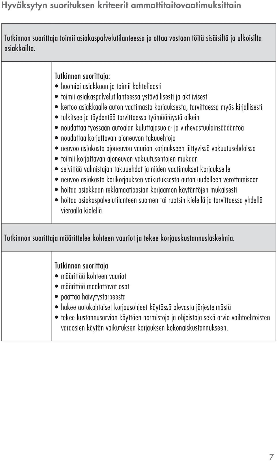 ja täydentää tarvittaessa työmääräystä oikein noudattaa työssään autoalan kuluttajasuoja- ja virhevastuulainsäädäntöä noudattaa korjattavan ajoneuvon takuuehtoja neuvoo asiakasta ajoneuvon vaurion