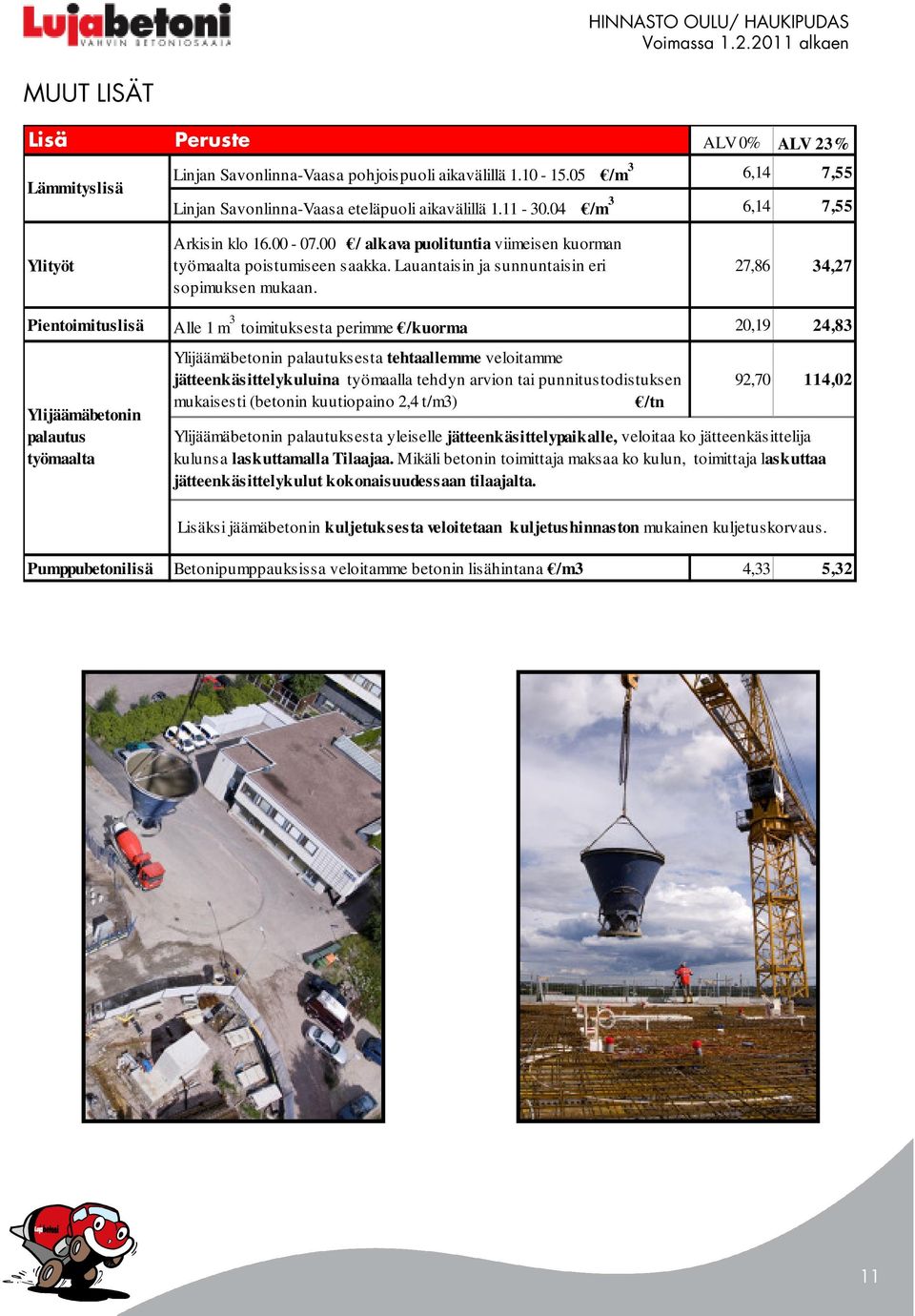 27,86 34,27 Pientoimituslisä Alle 1 m 3 toimituksesta perimme /kuorma 20,19 24,83 Ylijäämäbetonin palautus työmaalta Ylijäämäbetonin palautuksesta tehtaallemme veloitamme jätteenkäsittelykuluina