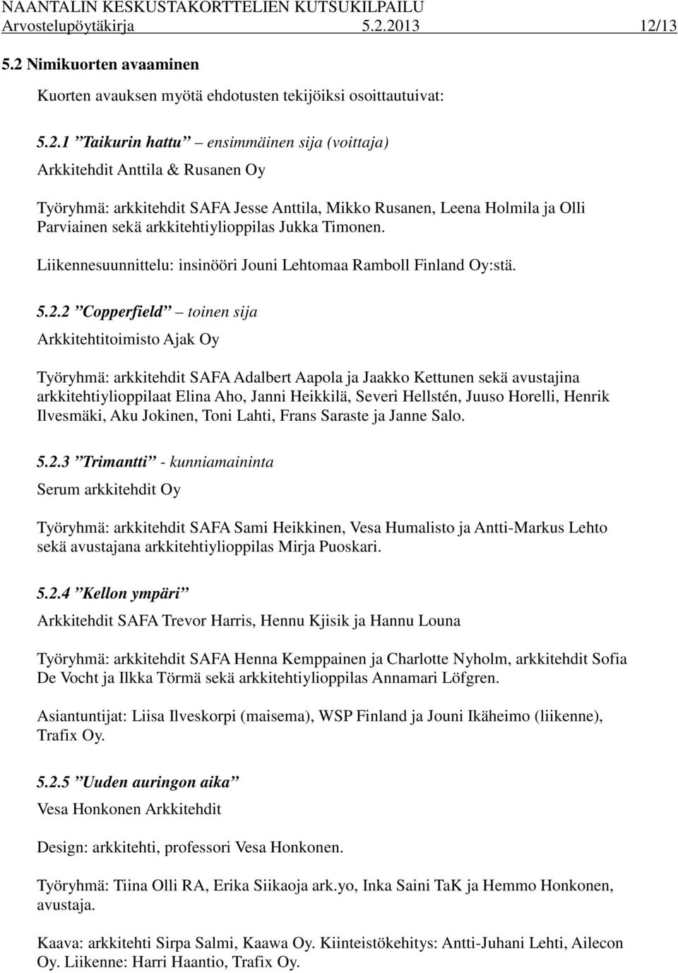 arkkitehdit SAFA Jesse Anttila, Mikko Rusanen, Leena Holmila ja Olli Parviainen sekä arkkitehtiylioppilas Jukka Timonen. Liikennesuunnittelu: insinööri Jouni Lehtomaa Ramboll Finland Oy:stä. 5.2.