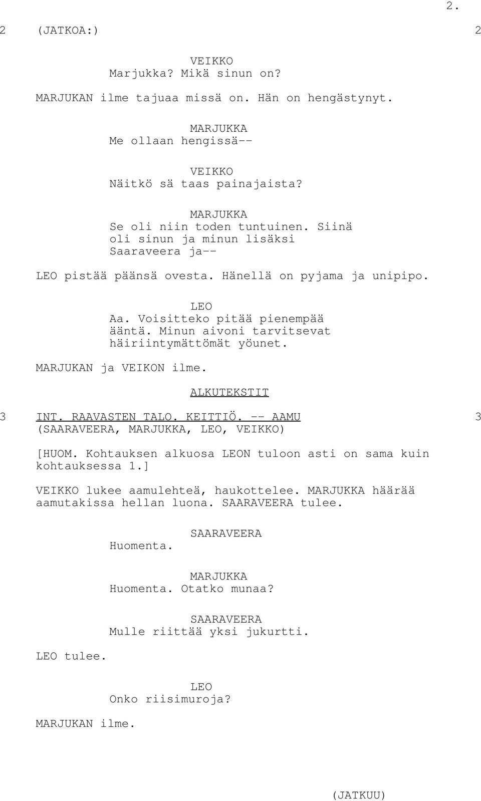 Minun aivoni tarvitsevat häiriintymättömät yöunet. MARJUKAN ja VEIKON ilme. ALKUTEKSTIT 3 INT. RAAVASTEN TALO. KEITTIÖ. -- AAMU 3 (SAARAVEERA,,, ) [HUOM.