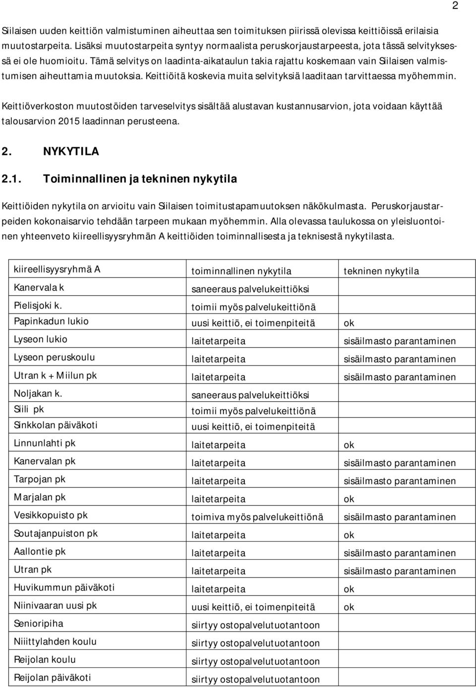 Tämä selvitys on laadinta-aikataulun takia rajattu koskemaan vain Siilaisen valmistumisen aiheuttamia muutoksia. Keittiöitä koskevia muita selvityksiä laaditaan tarvittaessa myöhemmin.