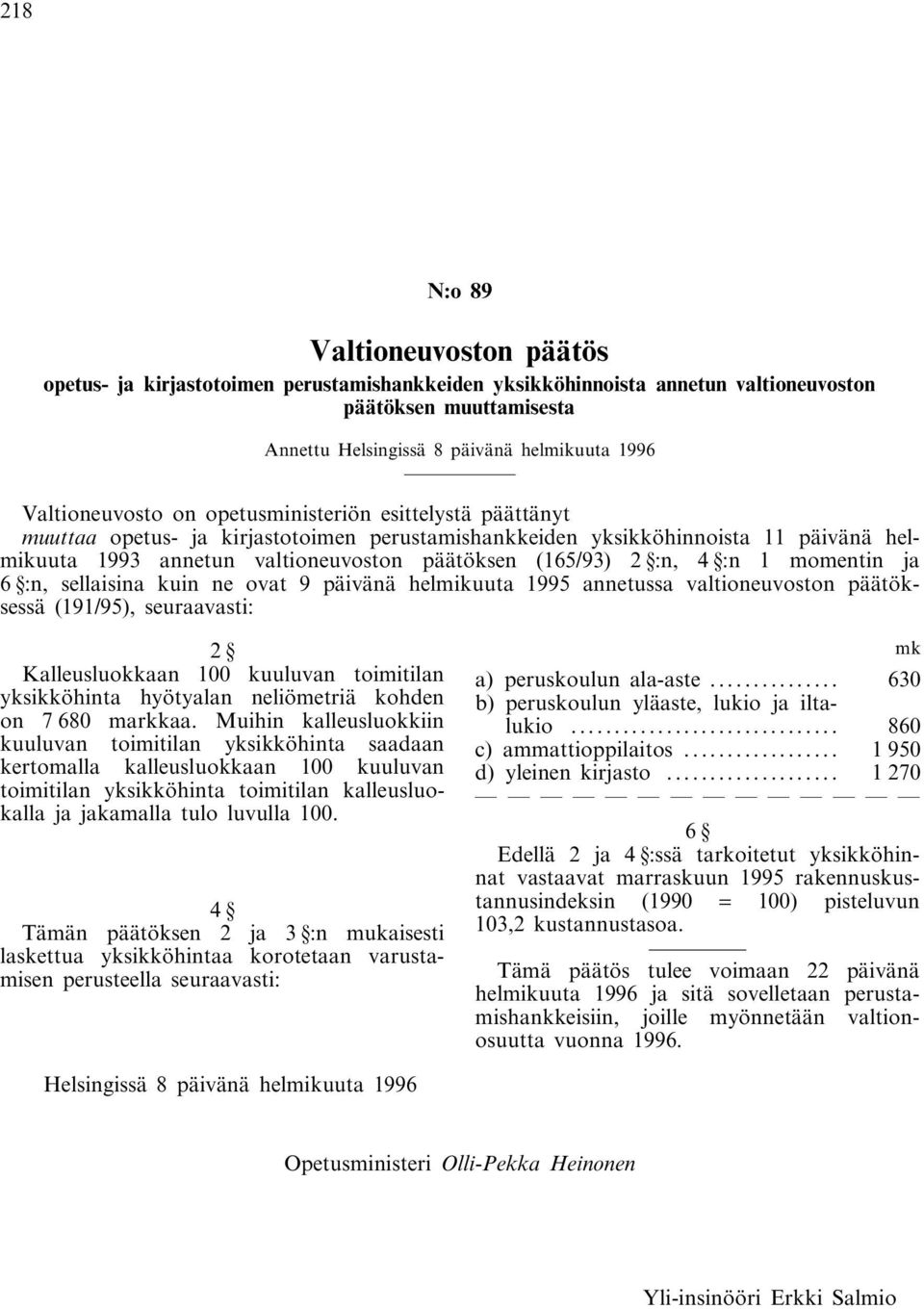 2 :n, 4 :n 1 momentin ja 6 :n, sellaisina kuin ne ovat 9 päivänä helmikuuta 1995 annetussa valtioneuvoston päätöksessä (191/95), seuraavasti: 2 Kalleusluokkaan 100 kuuluvan toimitilan yksikköhinta