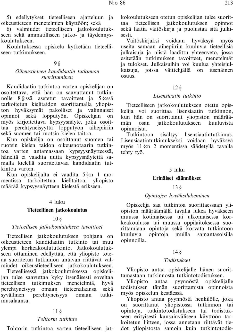 9 Oikeustieteen kandidaatin tutkinnon suorittaminen Kandidaatin tutkintoa varten opiskelijan on osoitettava, että hän on saavuttanut tutkinnolle 8 :ssä asetetut tavoitteet ja 5 :ssä tarkoitetun