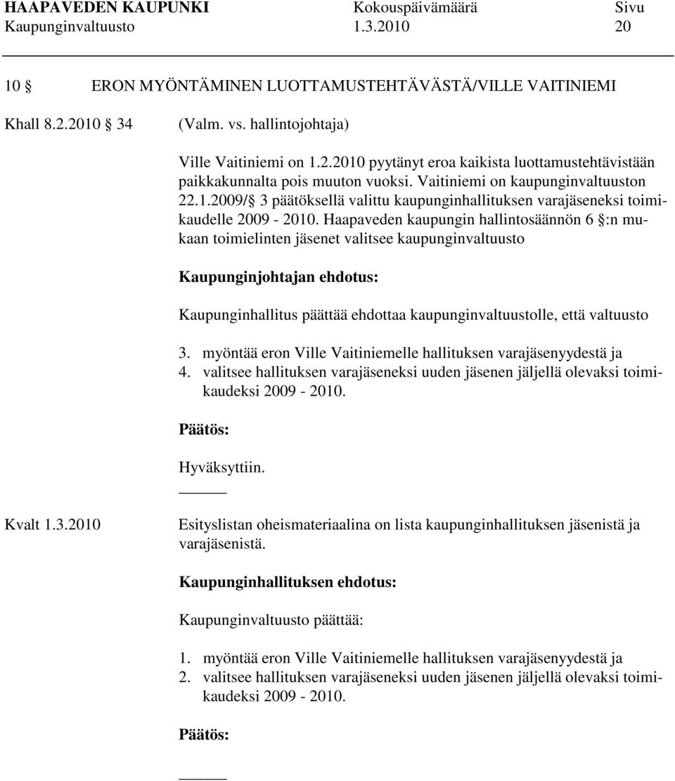 Haapaveden kaupungin hallintosäännön 6 :n mukaan toimielinten jäsenet valitsee kaupunginvaltuusto Kaupunginjohtajan ehdotus: Kaupunginhallitus päättää ehdottaa kaupunginvaltuustolle, että valtuusto 3.