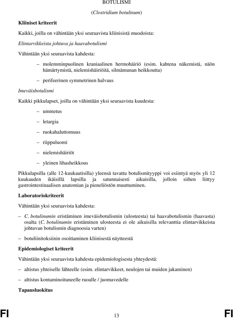 kahtena näkemistä, näön hämärtymistä, nielemishäiriöitä, silmämunan heikkoutta) perifeerinen symmetrinen halvaus Kaikki pikkulapset, joilla on vähintään yksi seuraavista kuudesta: ummetus letargia