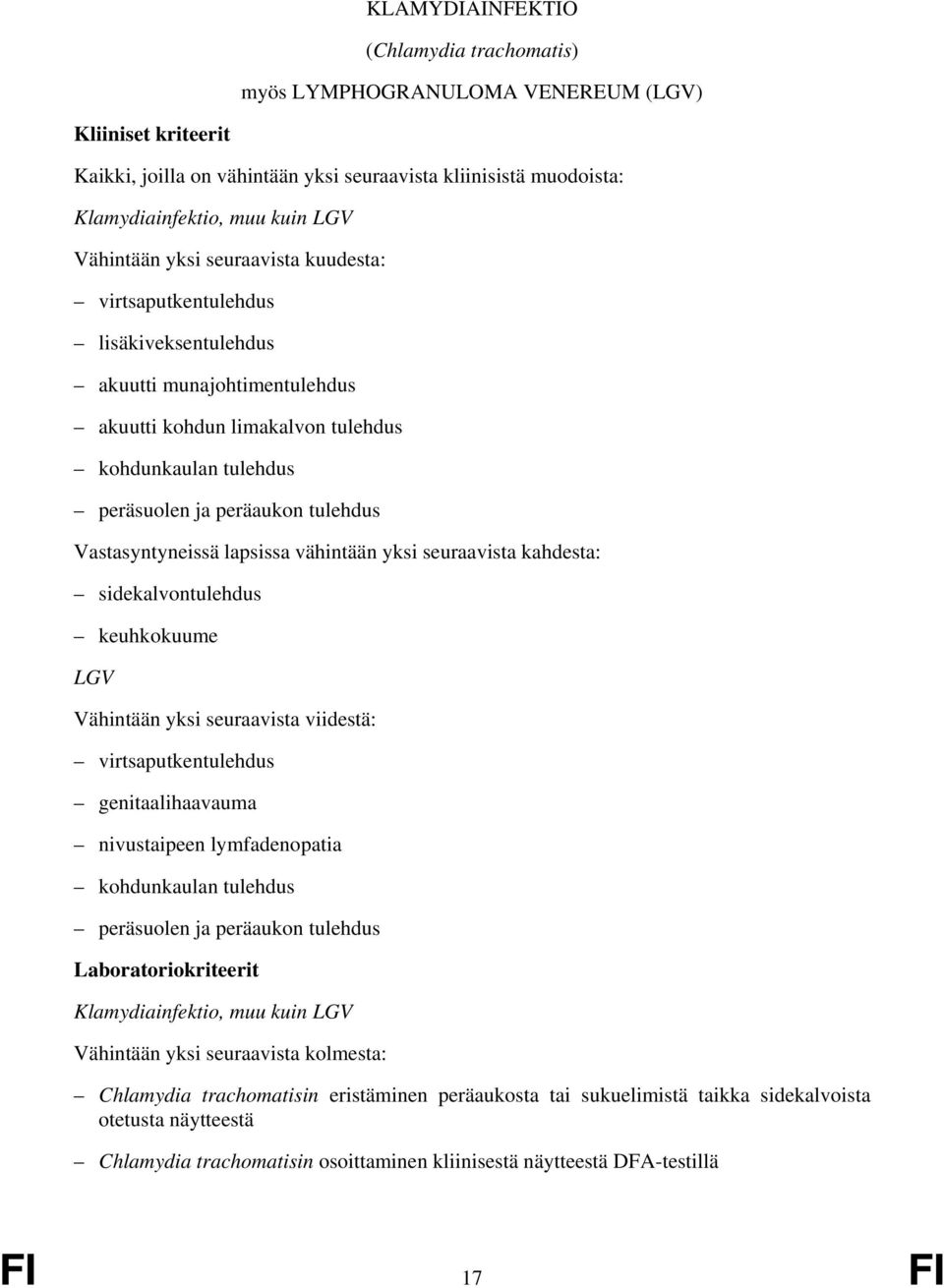 lapsissa vähintään yksi seuraavista kahdesta: sidekalvontulehdus keuhkokuume LGV Vähintään yksi seuraavista viidestä: virtsaputkentulehdus genitaalihaavauma nivustaipeen lymfadenopatia kohdunkaulan