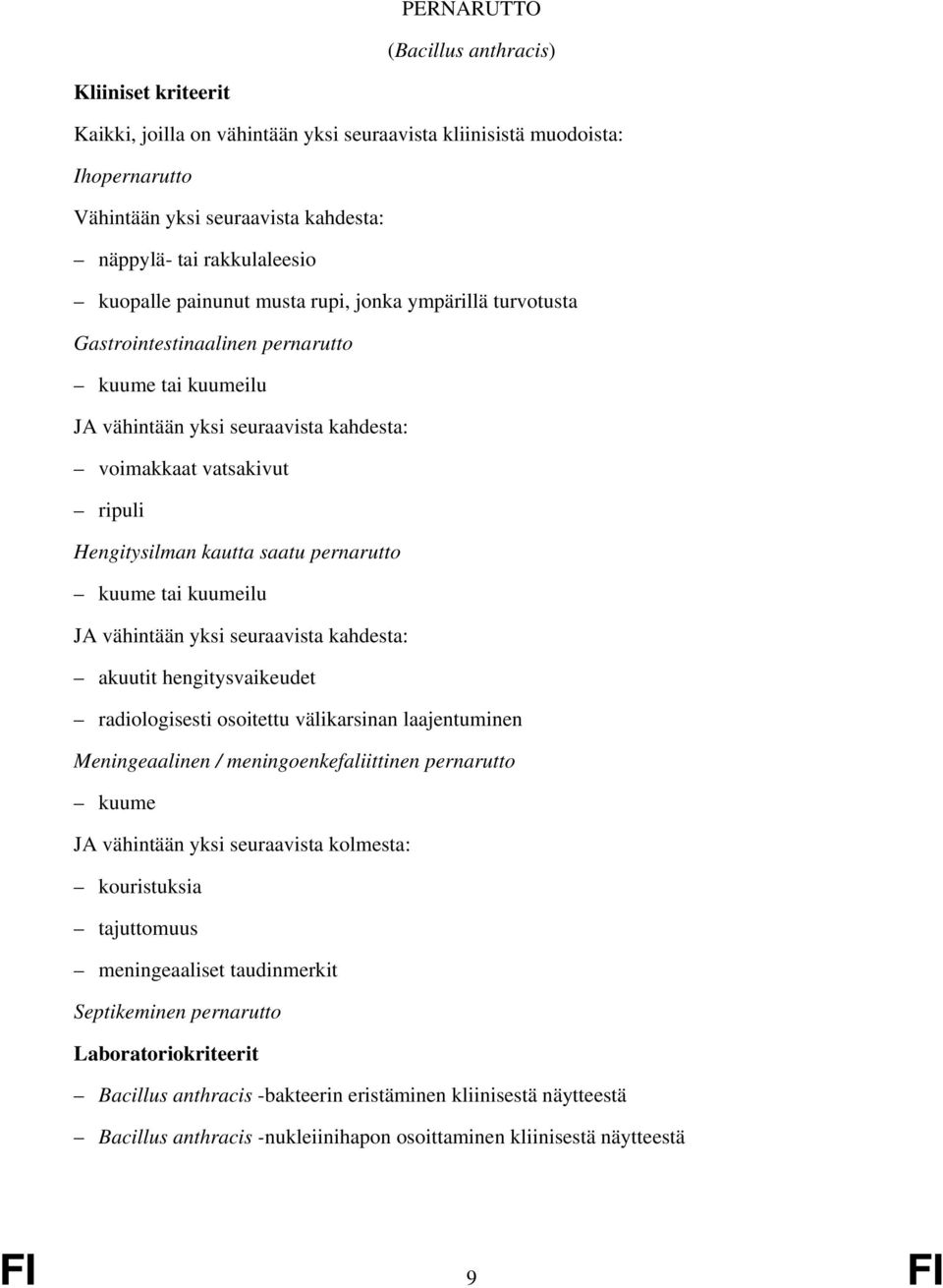 kuume tai kuumeilu JA vähintään yksi seuraavista kahdesta: akuutit hengitysvaikeudet radiologisesti osoitettu välikarsinan laajentuminen Meningeaalinen / meningoenkefaliittinen pernarutto kuume JA