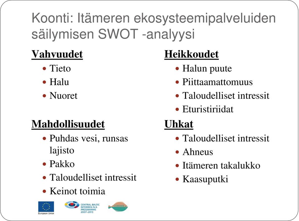 intressit Keinot toimia Heikkoudet Halun puute Piittaamattomuus Taloudelliset