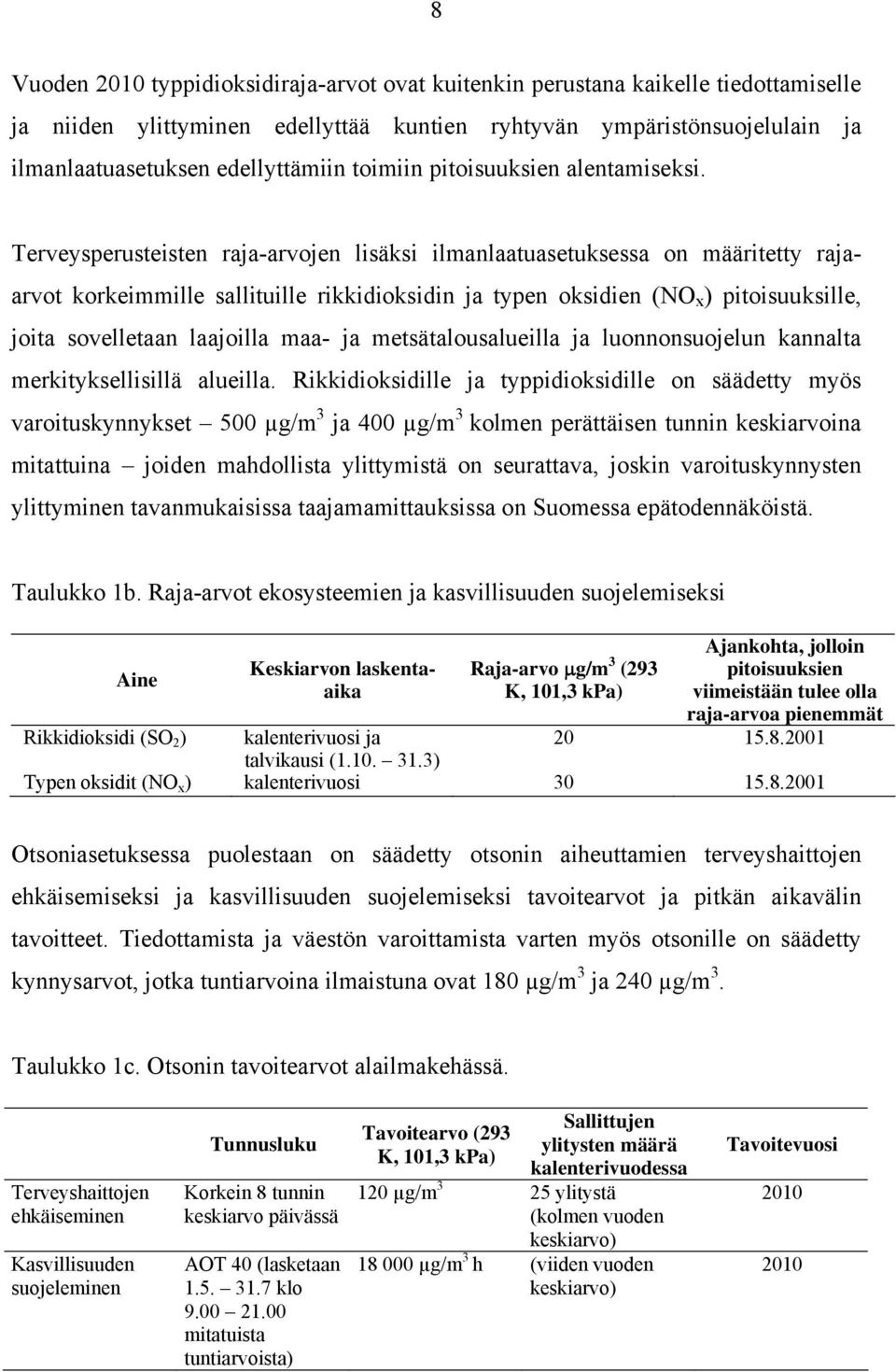 Terveysperusteisten raja-arvojen lisäksi ilmanlaatuasetuksessa on määritetty rajaarvot korkeimmille sallituille rikkidioksidin ja typen oksidien (NO x ) pitoisuuksille, joita sovelletaan laajoilla